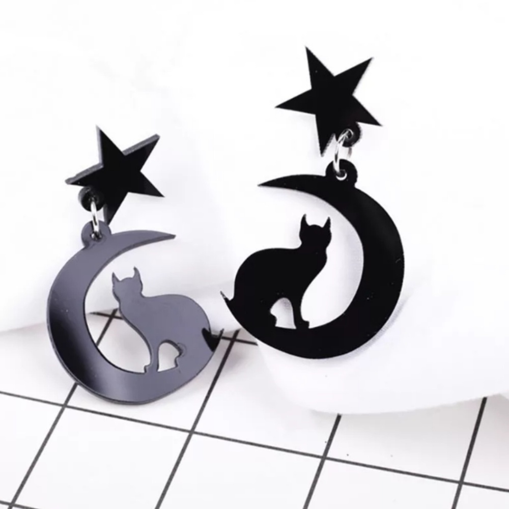 Crescent Moon Cat Witchy Earrings Goth Dopamine